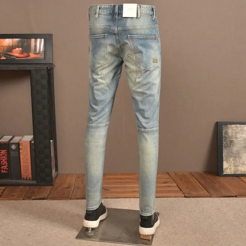 High Street Fashion celana Jeans Retro pria, celana Denim Hip Hop desainer Vintage Slim Fit biru elastis bisa dicuci, celana Jeans pengendara sepeda motor
