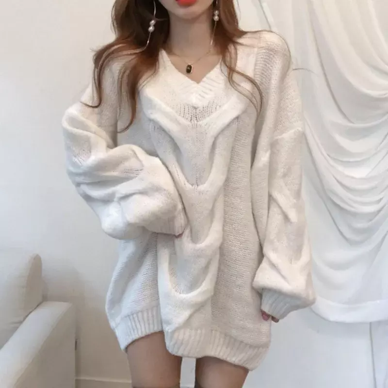 Camisola de malha feminina com gola em v, blusa de manga comprida, casual, solta, moda coreana, outono