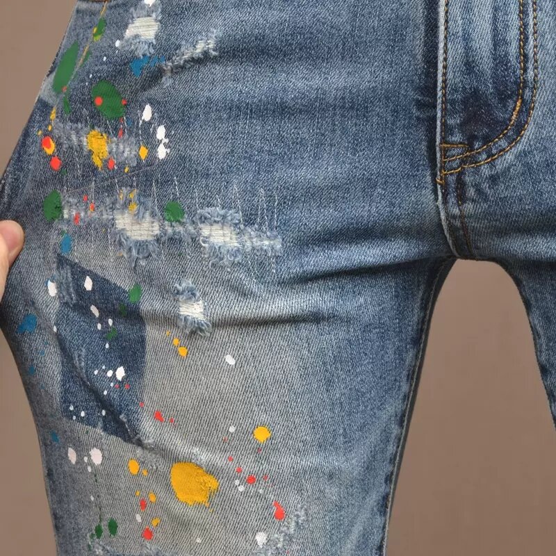 Modedesigner kurze Jeans Männer Retro blau Stretch Slim Fit zerrissene Jeans gedruckt Designer gemalt Hip Hop Denim Shorts