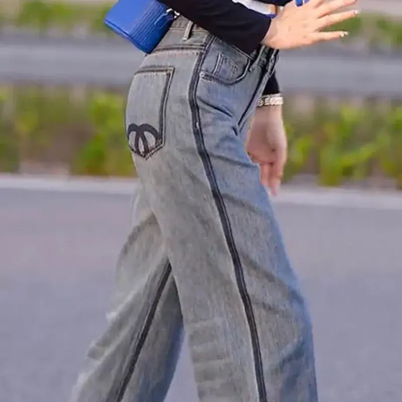 Calça jeans azul feminina com bolsos, perna reta, cintura alta, calça shot, streetwear, tamanho x grande, calças esticadas, por atacado
