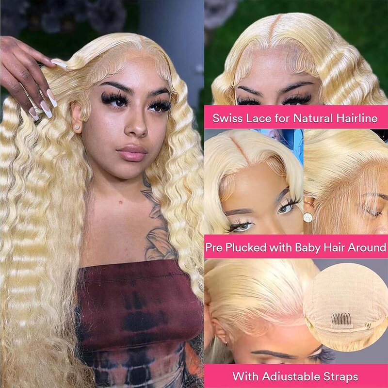 Perruque Lace Front Wig 613 Naturelle Blonde, Cheveux Humains, 13x4, 13x6, 5x5, Pre-Plucked, Taiill, Transparent, Deep Wave
