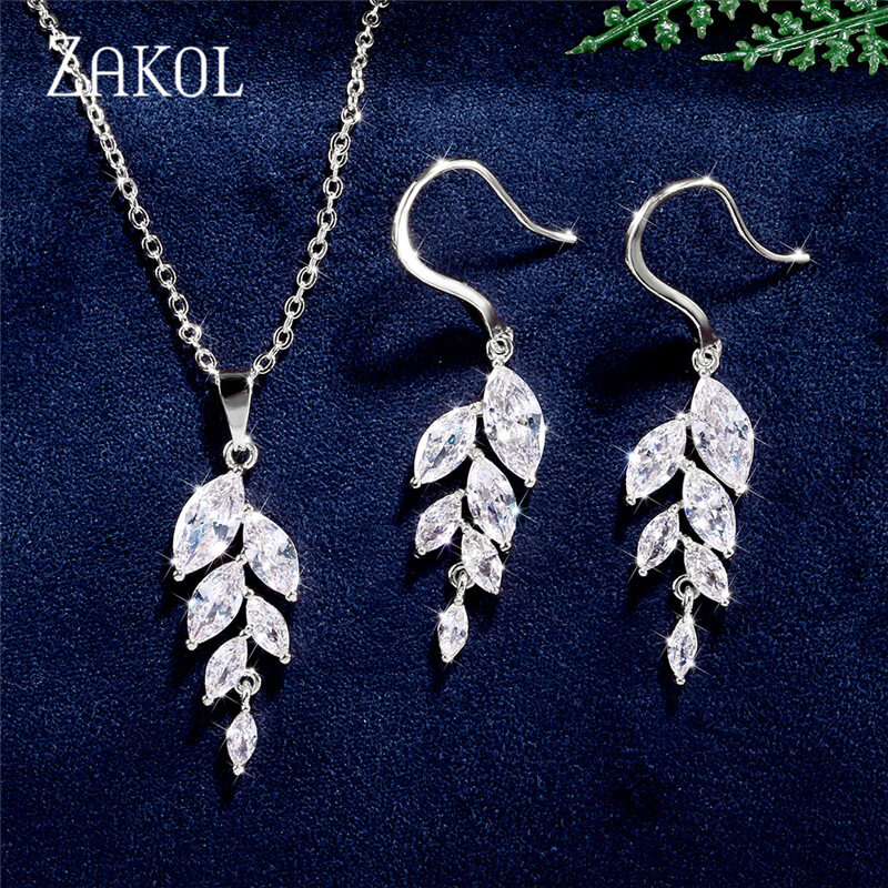 ZAKOL Poland Style Cubic Zirconia Leaf Hook Earrings Necklace Set for Women Elegant Bridal Wedding Party Jewelry Dress