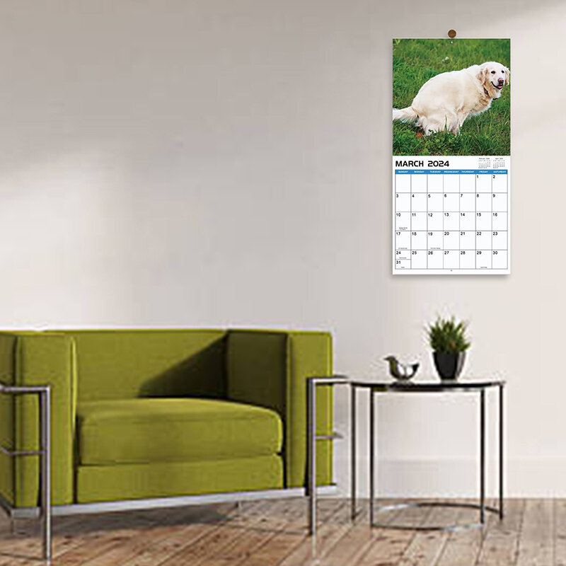 Calendario de pared con diseño de perro Pooping, decoración de pared para el hogar, regalo de navidad perfecto, 12 meses, 2024
