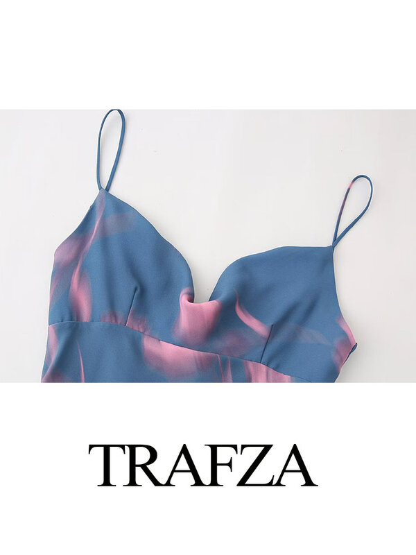 TRAFZA-Robe Dos auxpour Femme, Imprimé Drapé, Col en V, Bretelles, Chic, Vintage, Été, Élégant, Nouveau
