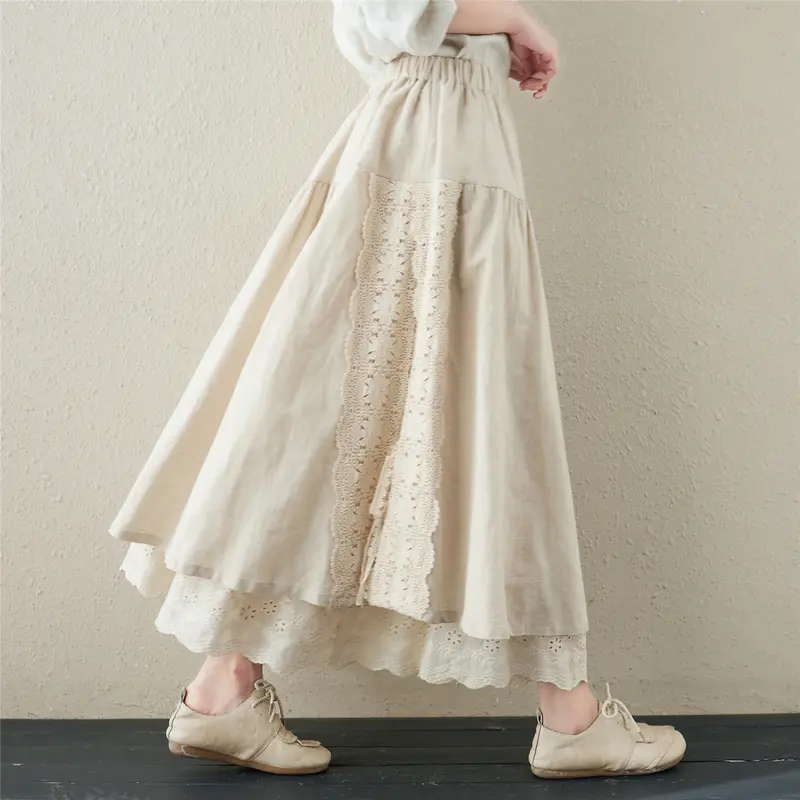 Japońska bawełna lniane długie spódnice damskie w stylu Vintage haftowna koronka w stylu a-line słodka elastyczna wysokiej talii plisowana spódnica damska Lolita