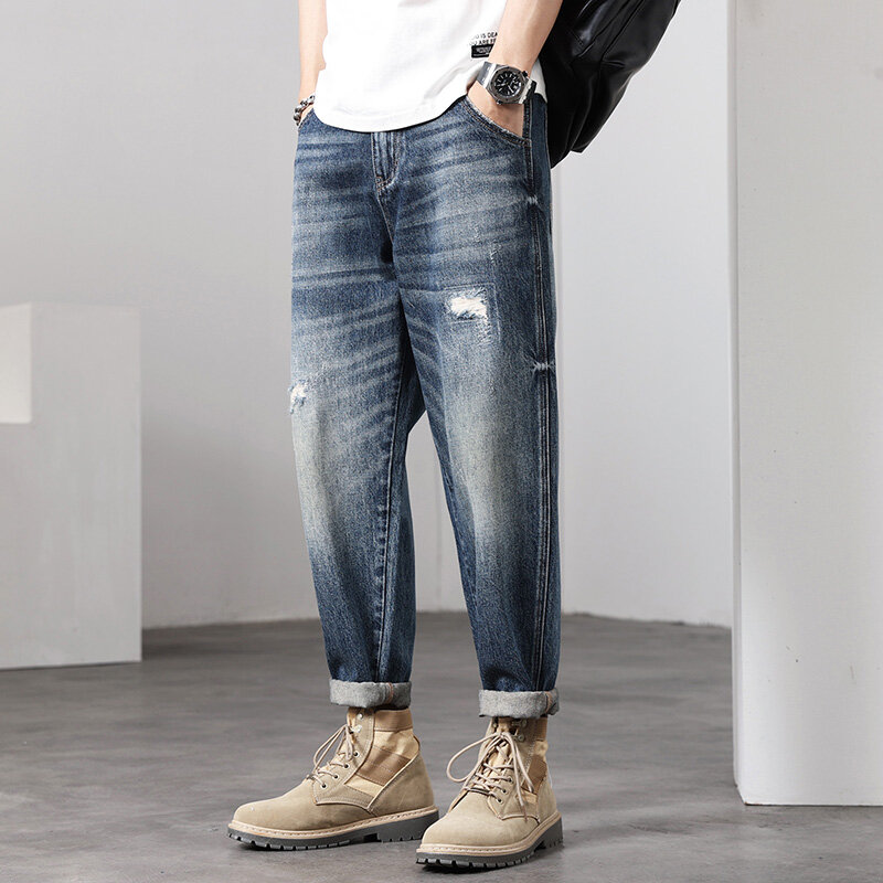 Jeans retrô rasgado masculino, perna larga, jeans baggy, moda de rua hip hop, Y2K, moda casual, novo, 2024