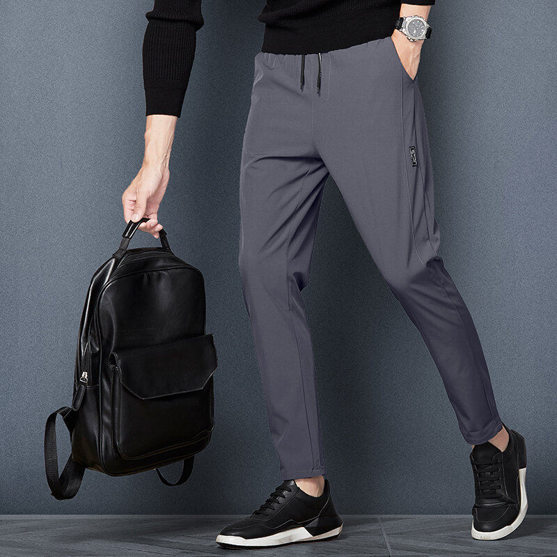 Pantalones deportivos básicos de Color sólido para hombre, ropa recta de verano, pantalones casuales de negocios, cintura media, elásticos, elegantes con cordón