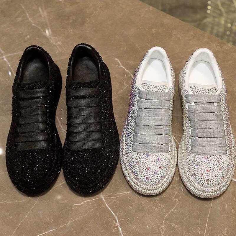 Sepatu kristal sol tebal wanita, sneaker tren warna kristal perak putih bersinar 35-42 Musim Semi 2024