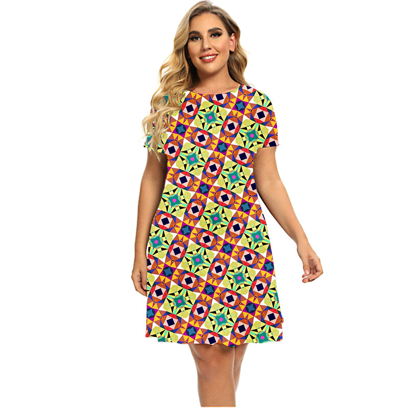 Fashion Design Pattern Three-dimensional Geometry Dresses For 2023 Women Round Neck Short Sleeve Dress Summer Plus Size Clothing
