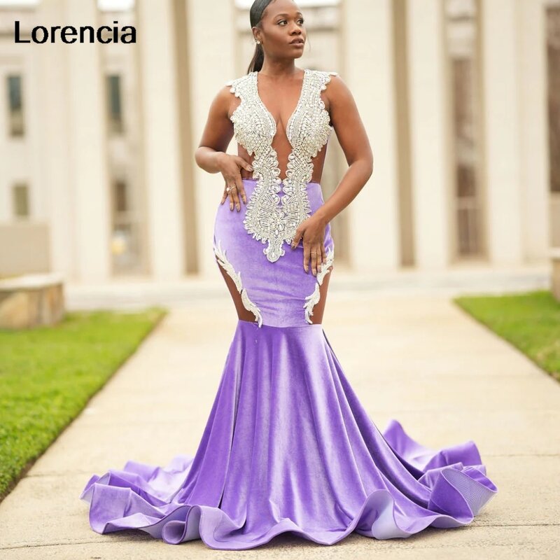 Gaun Prom putri duyung beludru Lavender lorensia untuk Gadis hitam kristal perak gaun pesta bermanik jubah gaun pesta