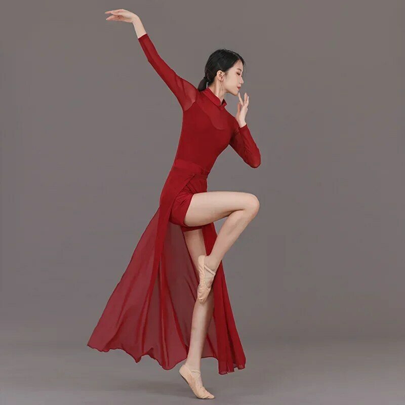 زي أداء الرقص الصيني ، شوكة كلاسيكية ، شيونغسام على الطراز العرقي ، فتحة جسم عالية الخصر ، ملابس ممارسة الرقص الحديثة