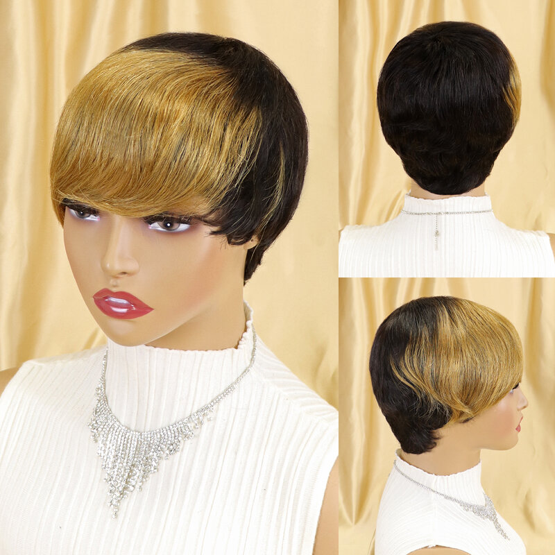 Pelucas cortas de cabello humano para mujeres negras, pelo brasileño liso, corte Pixie, barato, sin pegamento, hecho a máquina, marrón, Ombre con flequillo