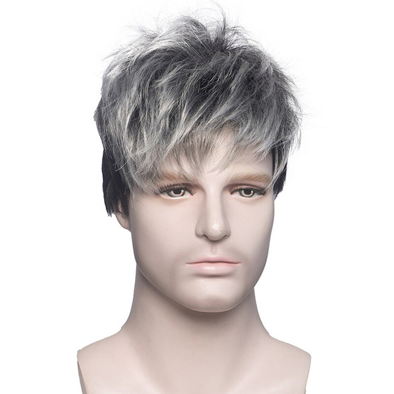 Men Short Wig Handsome Male Daily Costume Wig Synthetic Full Wigs Black Mix Grey Hair Replacement Wig