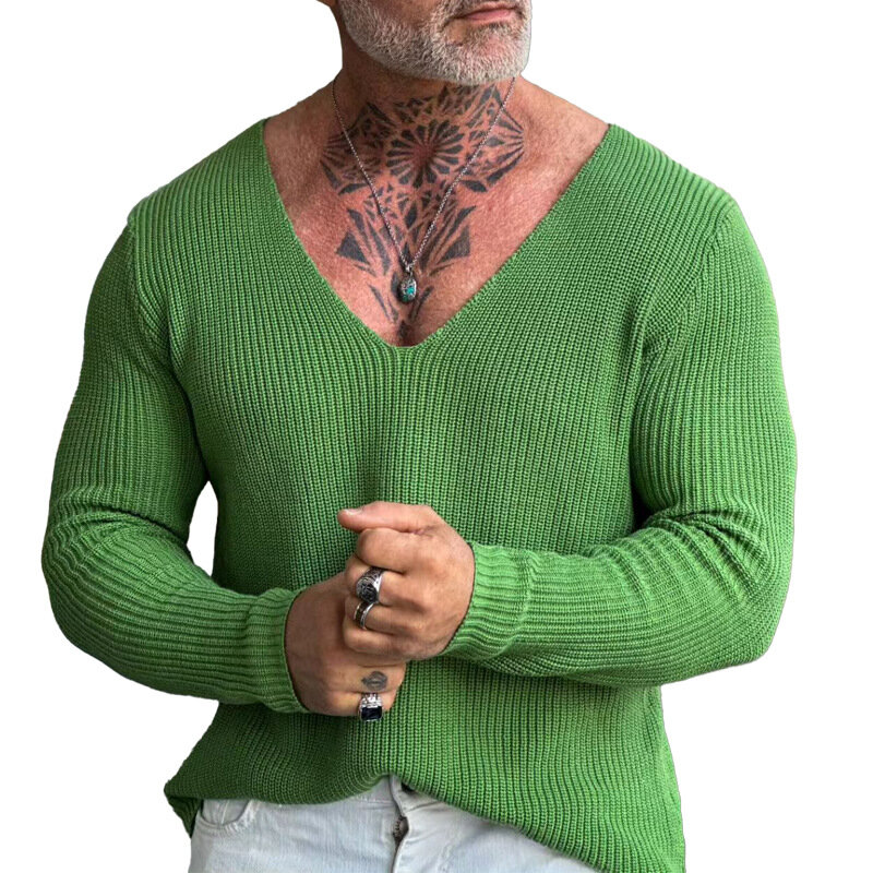 Suéter de punto Vintage para hombre, Jersey de manga larga con cuello en V, Top de punto suelto, Color sólido, Otoño e Invierno