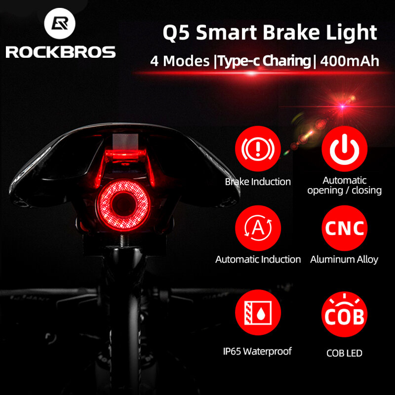 ROCKBROS-자전거 브레이크 라이트 사이클링 태일라이트 사이클 리어 라이트 스마트 자동 센싱 IPx6 방수 LED 충전식 액세서리 Q5