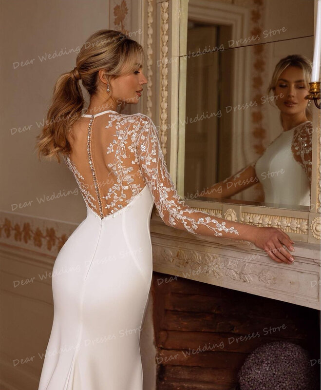 Gaun pernikahan elegan 2024 gaun pengantin wanita putri duyung Satin seksi renda punggung terbuka leher tinggi lengan panjang gaun pengantin Formal putri Vestido