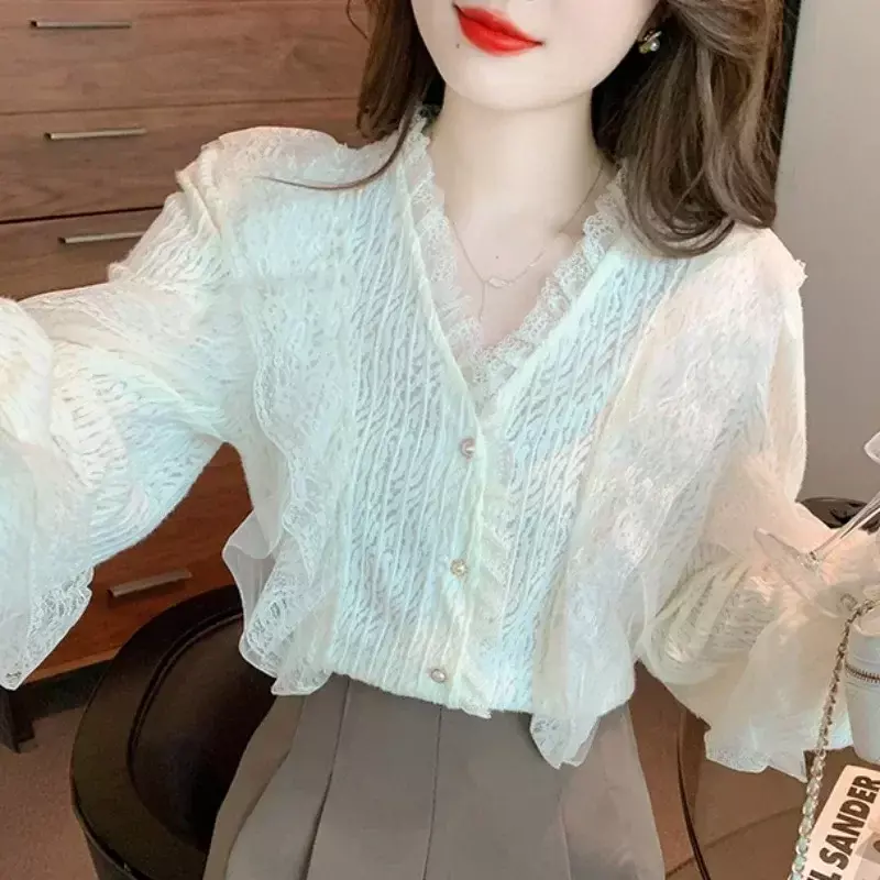 Elegant Ruffle V-neck Lace Shirt Long Sleeve Autumn Casual Hollow Women Blouse 2023 Korean Style Clothes Blusas Mujer Tops 29520
