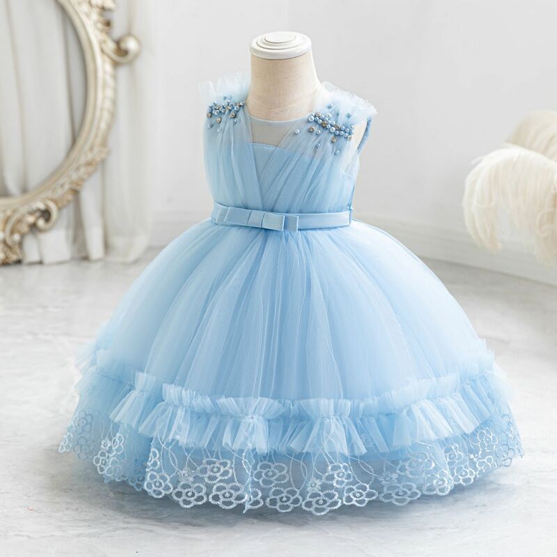 Летние Детские платья HETISO, кружевное платье с жемчугом для первого дня рождения, для малышей, свадебное вечернее платье, vestido infantil 0, 2, 4 лет