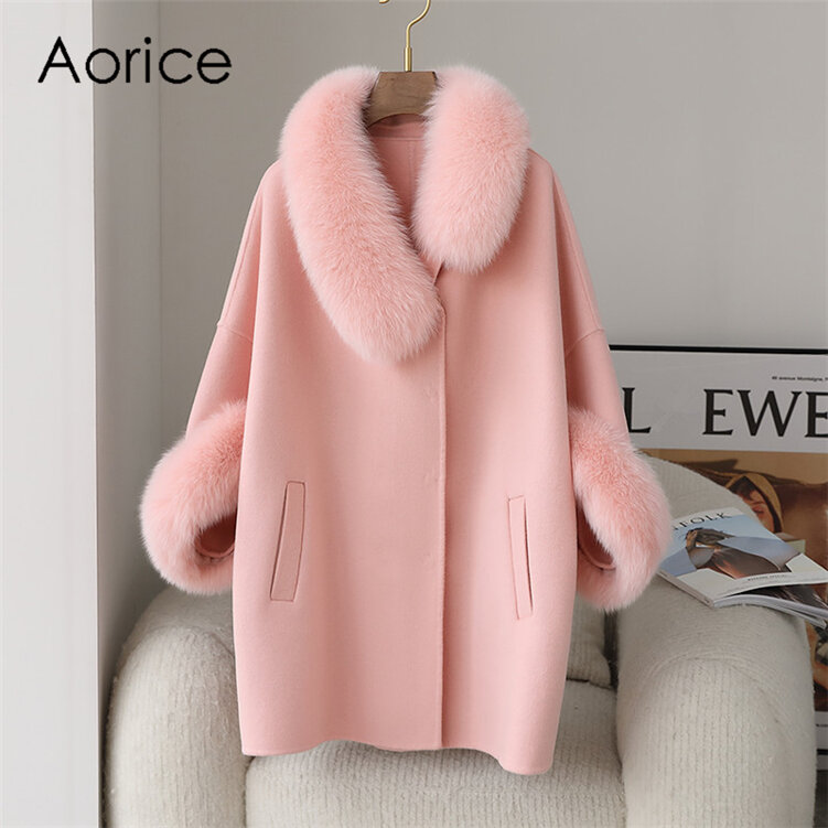 Aorice-abrigo de lana de lujo para mujer, chaqueta con cuello de piel de zorro, abrigo largo de talla grande, Parka, CT2135