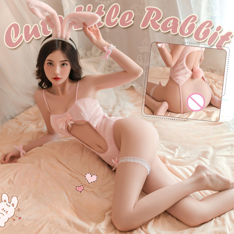 Kawaii kostium króliczka mundur seksowne body bez krocza erotyczne kostium króliczka Anime Cosplay kostiumy z odkrytym kroczu body porno misie