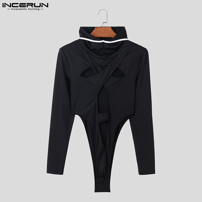 INCERUN 2023 Sexy Men's Bodysuits Love Hooded Hollowed Deconstructed Design Rompers Fashion Triangle Long Sleeve Jumpsuits S-3XL