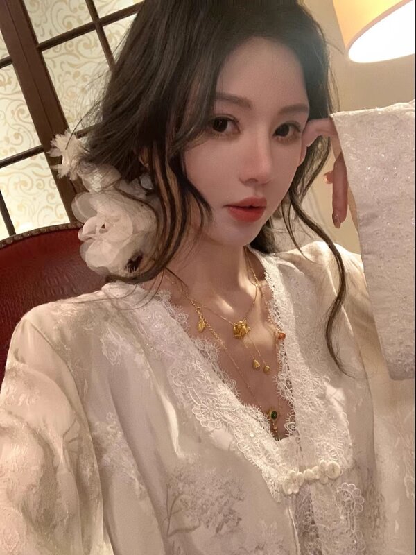Miiiix 2024 Zomer Kant Nieuw Chinese Shirt Dames Lente Elegante Losse V-Hals Effen Kleur Vest Top Vrouwelijke Kleding