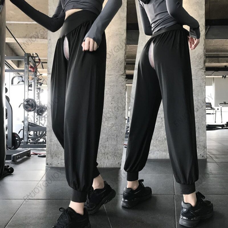 Niewidzialne otwarte krocze sportowe na świeżym powietrzu spodnie dla kobiet luźne spodnie z opasanymi stopami do biegania spodnie do fitnessu koreańskie spodnie dresowe