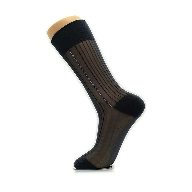 Men Middle Tube Thin Silk Socks Elegant Business Dress Crew Socks Nylon Breathable Hosiery Striped Jacquard Loose Casual Socks