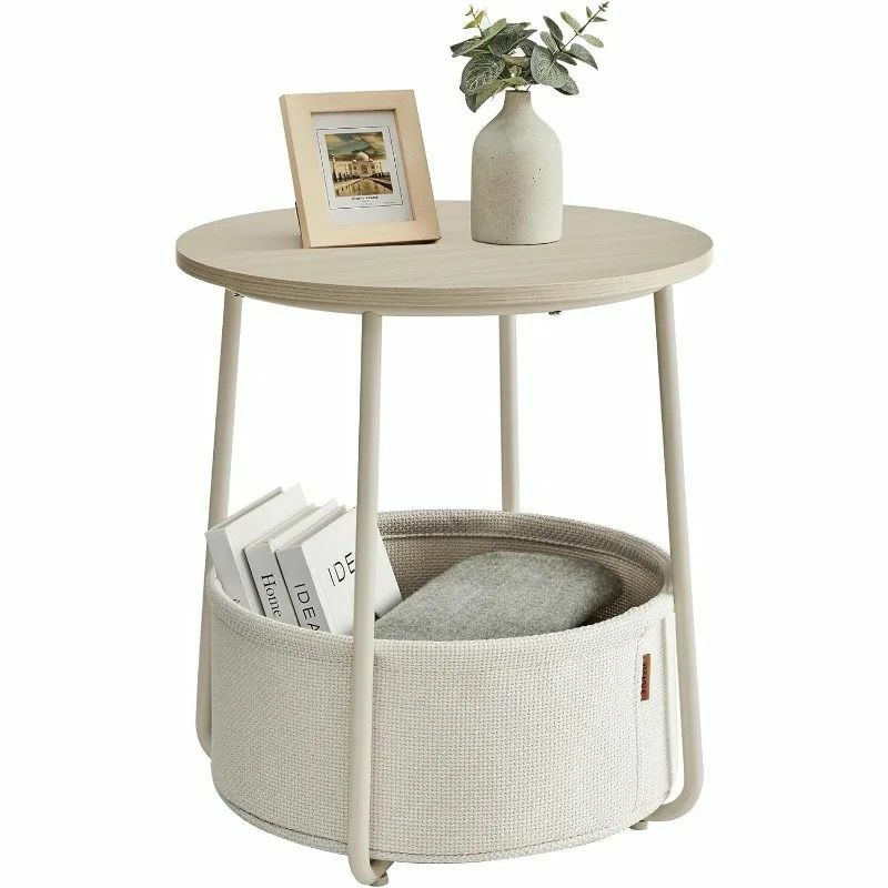 Mesa redonda para sala e quarto, mesa de cabeceira moderna com cesta de tecido