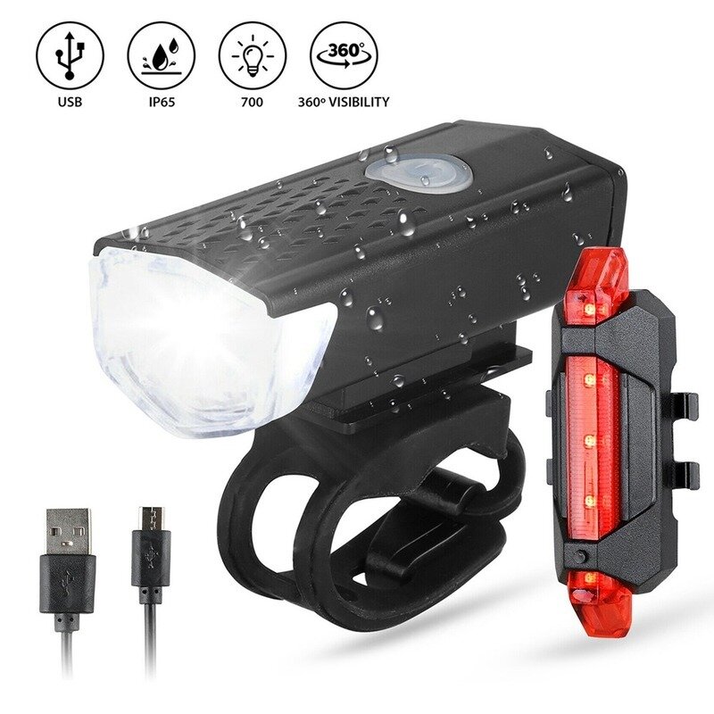 Ensemble d'éclairage LED aste USB pour vélo, lampe de poche pour vélo de route VTT, lampe de sauna avant et arrière, accessoires de cyclisme