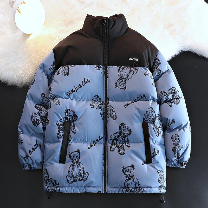 Fashion Cartoon Print Winter Warm Bubble Jacket Windproof Zipper Thicken Parkas Puffer for Men