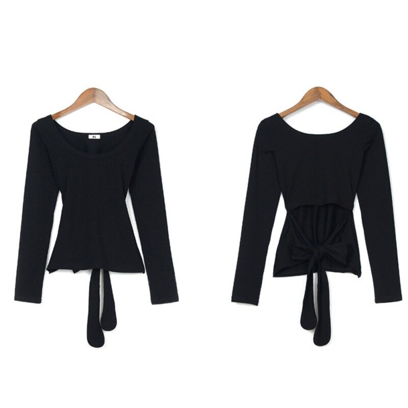 Women's Korea Style Tie Back Knit Backless Crewneck Sweater Long Sleeve Cropped Sweater Tops