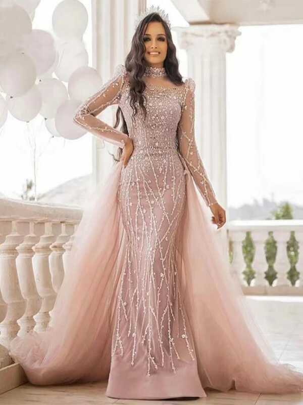 Vestido de fiesta de sirena brillante rosa para mujer, vestido de lujo musulmán, manga larga, cuello alto, lentejuelas, Dubai, Formal, noche, boda