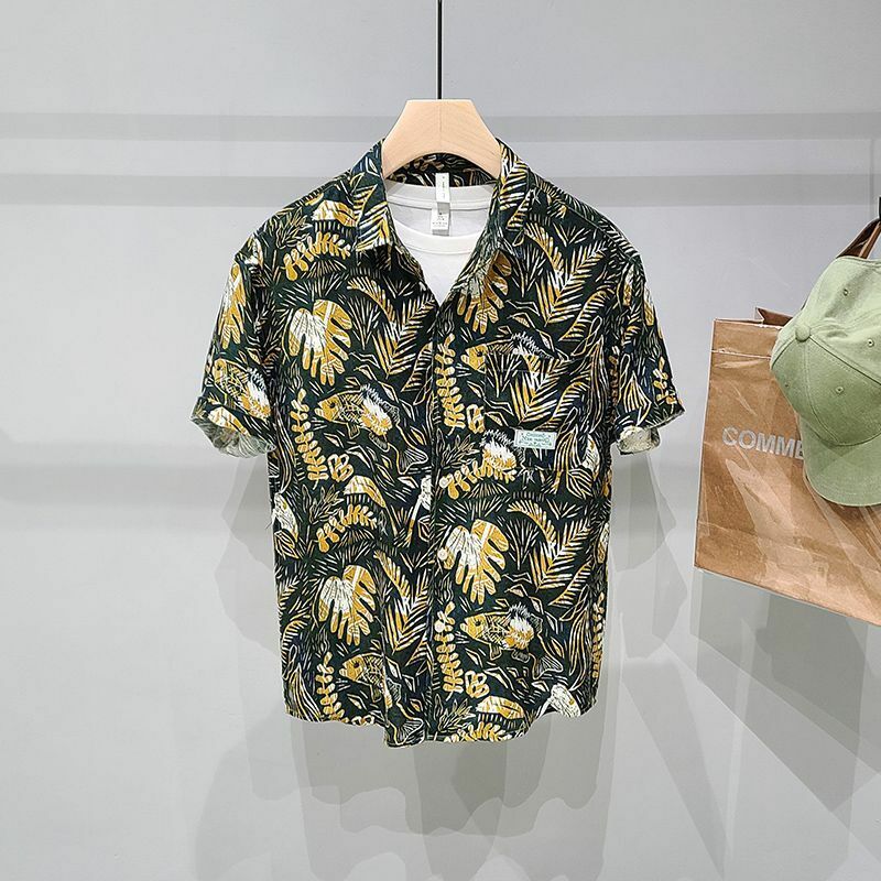 Summer New Turn-down Collar Fashion Short Sleeve Shirt Man High Street Casual Button Cardigan Y2K Printing Pockets Patchwork Top