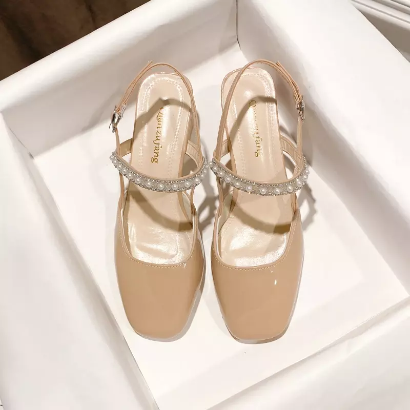 Baotou sandal wanita hak tinggi tebal, sepatu hak tebal gesper satu garis musim semi/musim panas baru 2024