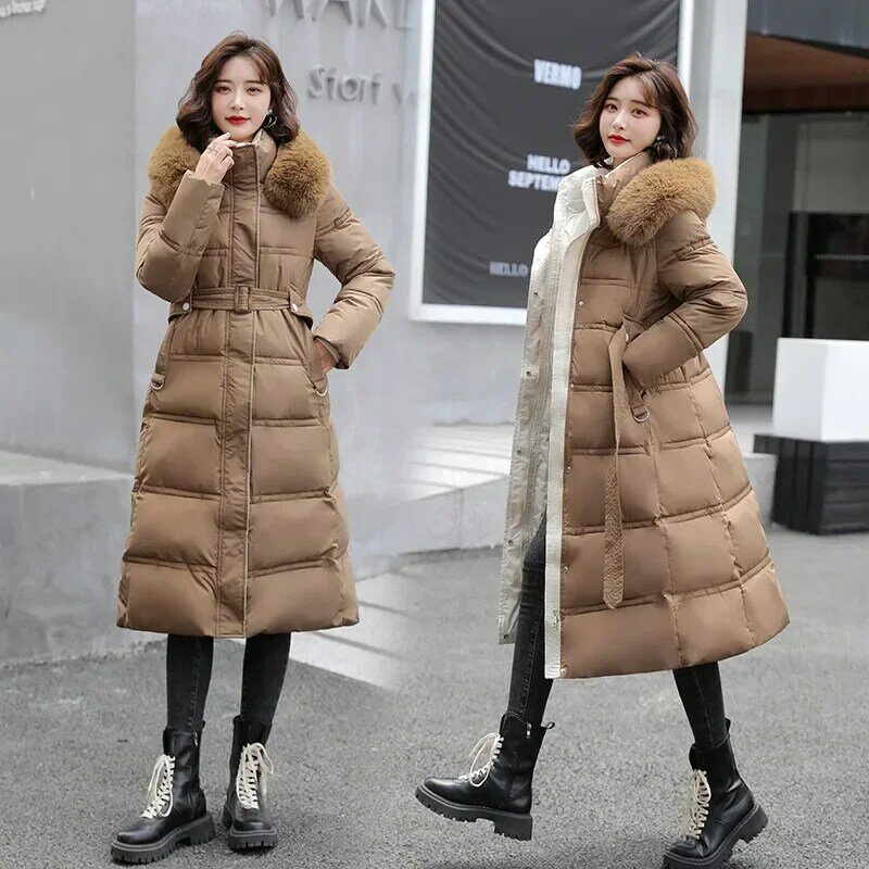 Jaket parka katun untuk wanita, jaket parka musim dingin bahan katun panjang X di atas lutut dengan kerah rambut besar versi Korea, jaket pelangsing sabuk parka