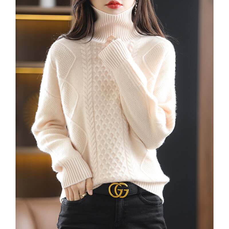Suéter de caxemira de gola alta feminino, pulôver de malha 100% lã, jaqueta solta moda coreana, top novo, outono e inverno, 2023