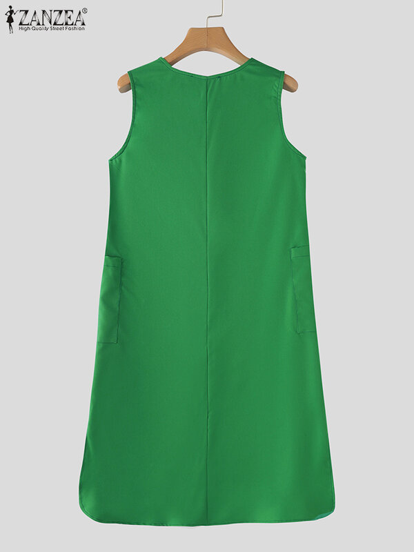 ZANZEA-Robe longue vintage à col en V pour femmes avec poches, robe fendue, été, vacances, décontracté, 2024
