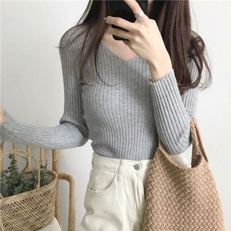 Women Fall Spring Top Knitted Slim Fit V Neck Sweater Soft Elastic Pullover Long Sleeve Bottoming Top Lady Winter Sweater
