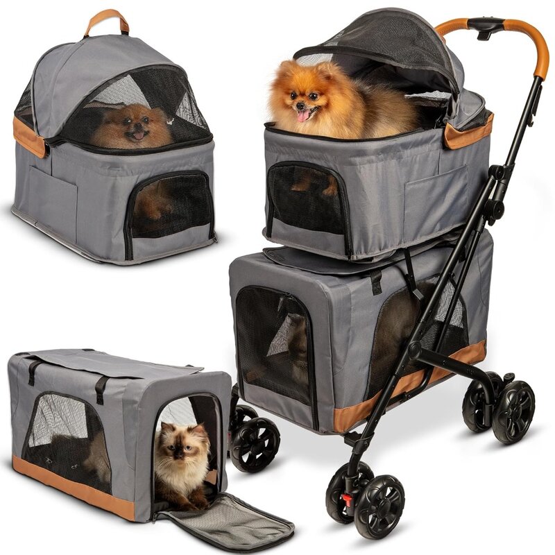 Carrinho de estimação duplo com transportadores destacáveis, ideal para 2 cães ou gatos, design compacto e conveniente, fácil montagem