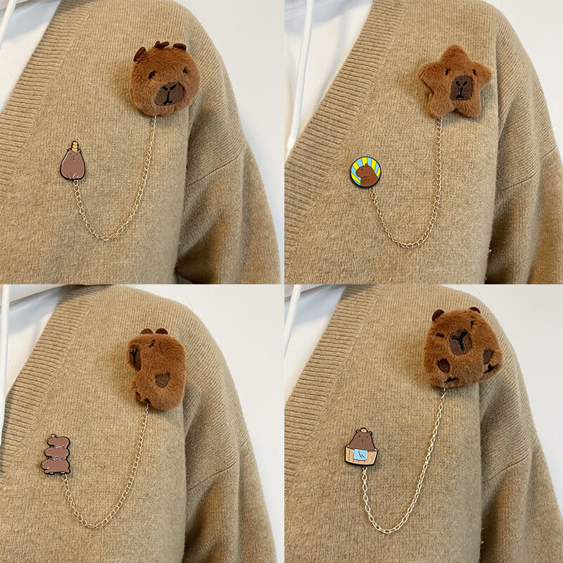 Corsage Capybara de pelúcia para crianças, emblemas de animais bonitos, broche de personalidade, roupas de desenhos animados, alfinetes mochila, presente para meninas, 1pc