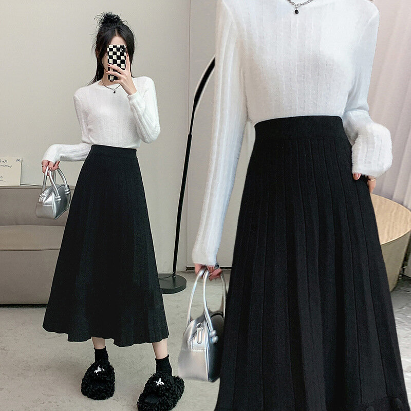 Large Size Fashion High Waist Korean Style Loose Mid-Length Solid Color Simple Lady Knitted Skirt