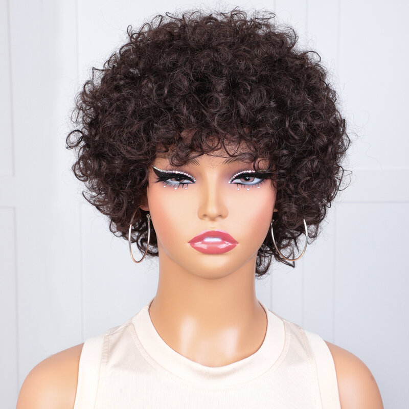 Okker ubrać na krótki Pixie Afro perwersyjne kręcone peruki z ludzkich włosów dla kobiet brazylijskie włosy Remy 250 gęstość czarne kręcone 8 peruki
