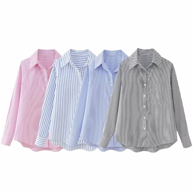 Camisas femininas de botão, manga comprida, versão solta, blusas listradas de bolso, tops chiques retrô, brincalhão casual, nova moda, 2022