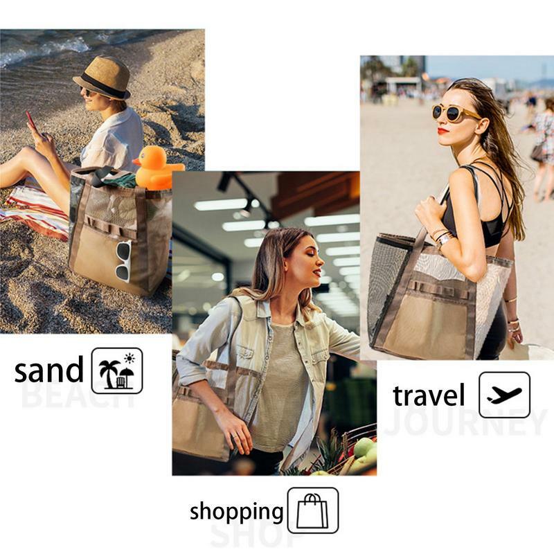 Bolsa de praia de malha de grande capacidade feminina, dobrável, dreno, bolsa casual feminina, bolsa de ombro reutilizável, bolsa de verão
