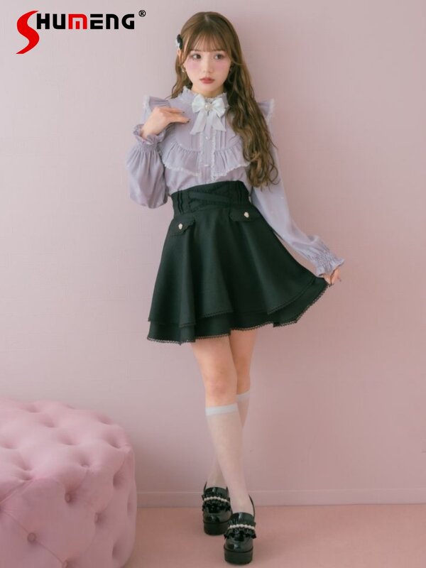 Lolita-faldas cortas de Tweed con cinturón cruzado para mujer, faldas negras de doble cuerno, estilo Kawaii, estilo japonés, superpuestas, 2024