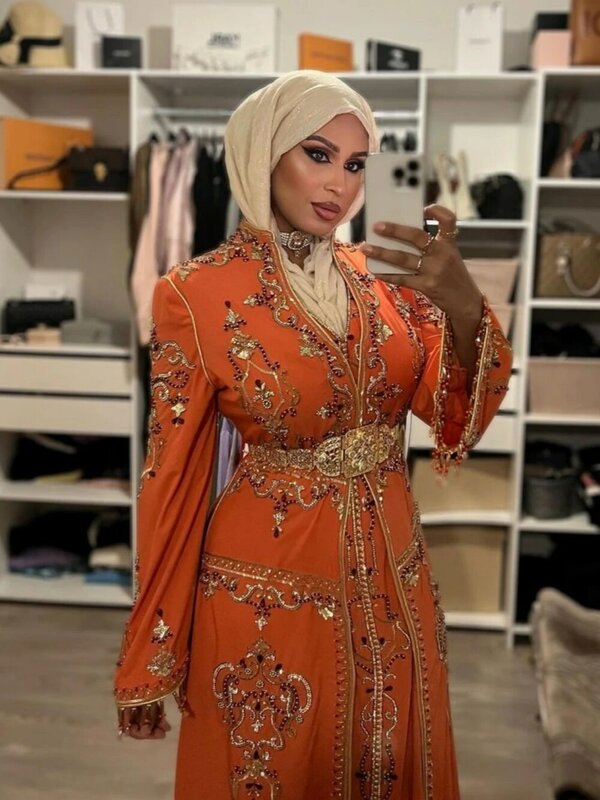 فساتين سهرة مغربية مزينة بالخرز ، فستان زفاف فاخر بأكمام طويلة بالترتر ، فستان إسلامي ، مغربي بخط