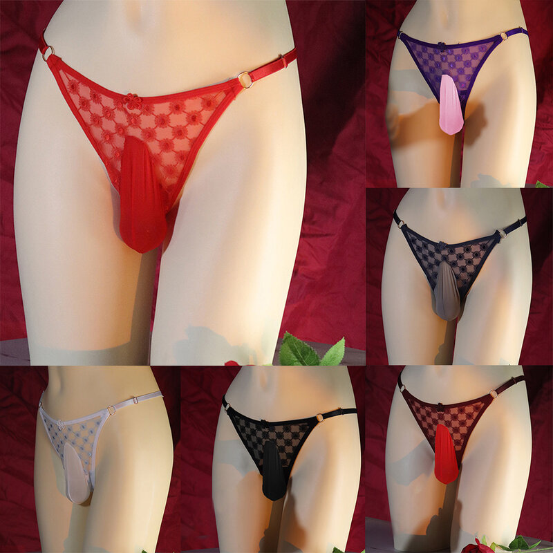 Sissy-Bikini string en dentelle pour homme, lingerie sexy en maille, taille basse, dos en T, longue gaine, culotte en poudre, sous-vêtements 7.0