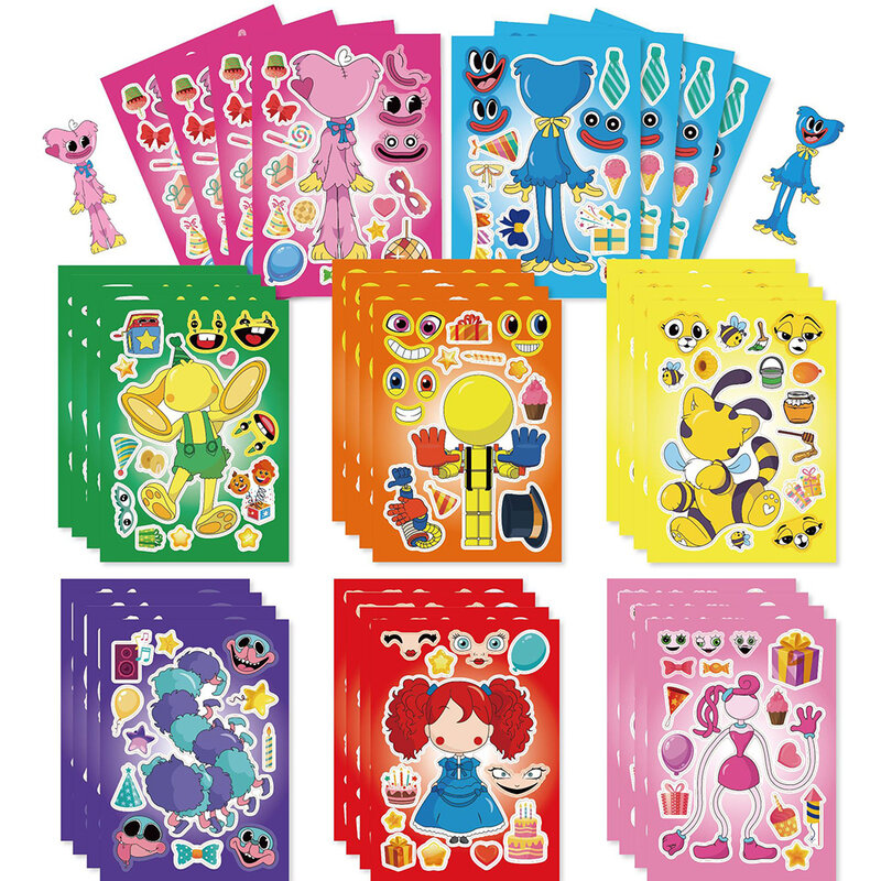 Cartoon Play time Puzzle Stickers Jogo para Crianças, Engraçado Montar Jigsaw, Brinquedos Educativos DIY, Presentes de Festa para Crianças, 8 Folhas, 16 Folhas
