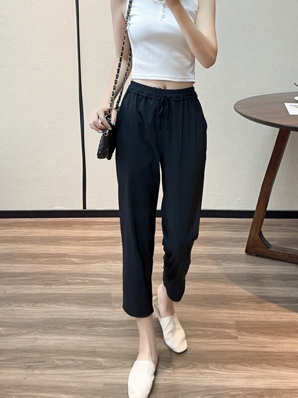 Summer Fashion Women's Fast Dry Stretch Harem Pants Female Elastic Waist Solid Color Simple Casual Slim Fit Ankle Length Trouser